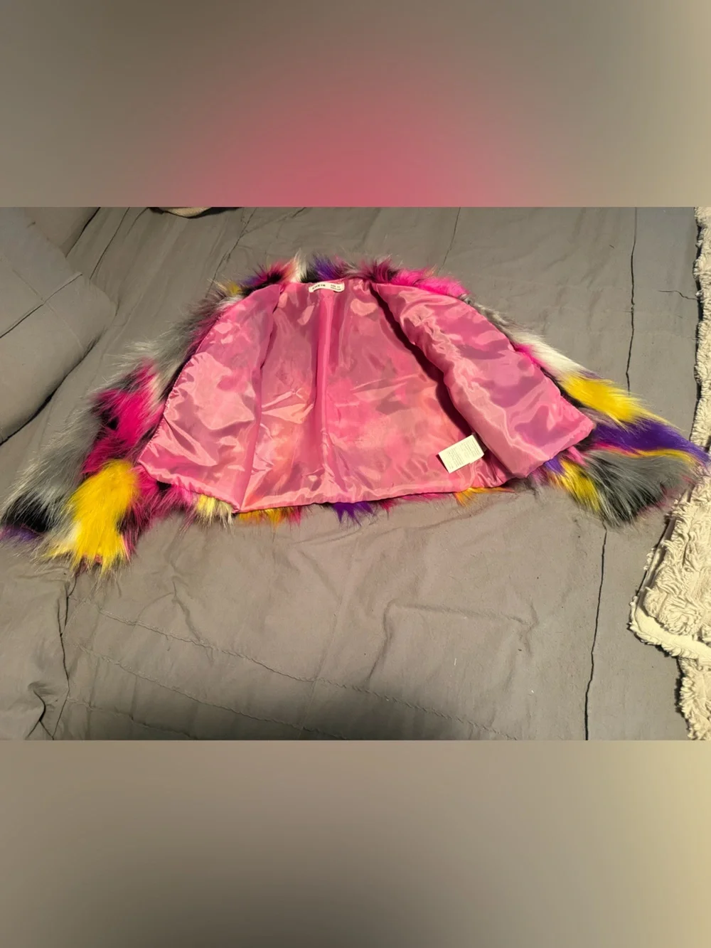 Vibrant Multi-Color Faux Fur Jacket - Pink, Yellow, Purple, Black, Gray